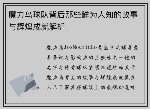 魔力鸟球队背后那些鲜为人知的故事与辉煌成就解析