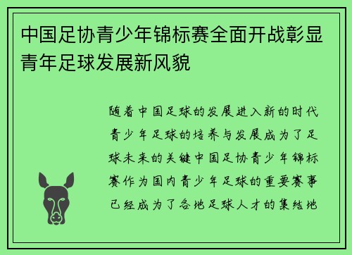 中国足协青少年锦标赛全面开战彰显青年足球发展新风貌 中国足协青少年锦标赛全面开战彰显青年足球发展新风貌
