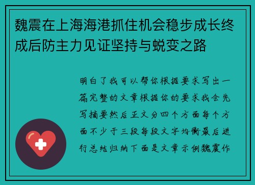 魏震在上海海港抓住机会稳步成长终成后防主力见证坚持与蜕变之路 魏震在上海海港抓住机会稳步成长终成后防主力见证坚持与蜕变之路