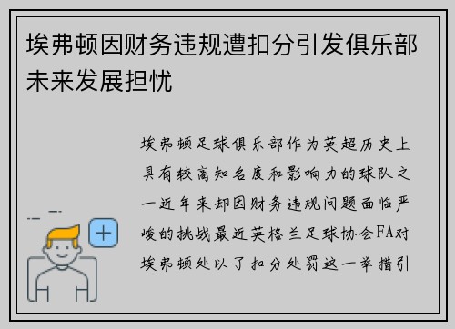 埃弗顿因财务违规遭扣分引发俱乐部未来发展担忧