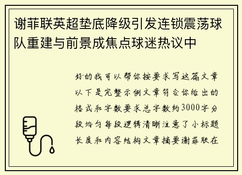 谢菲联英超垫底降级引发连锁震荡球队重建与前景成焦点球迷热议中
